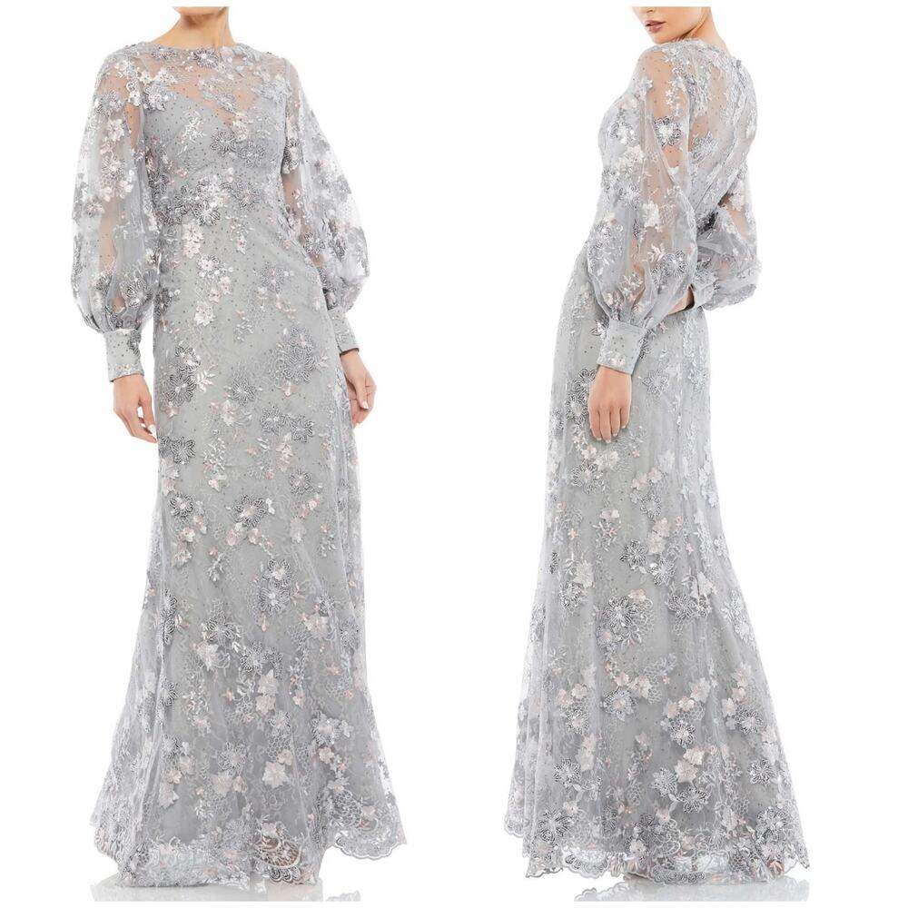 Mac Duggal NWT Long Sleeve Embellished Evening Gown Platinum Size 18 Sequin